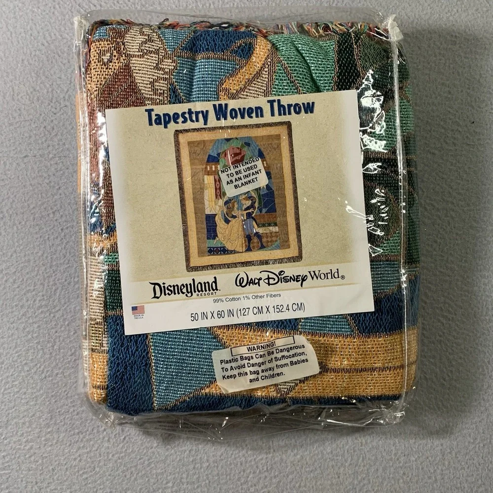 VTG NEW Disney Beauty and the Beast Stained Glass Tapestry Throw Blanket 65 X 55